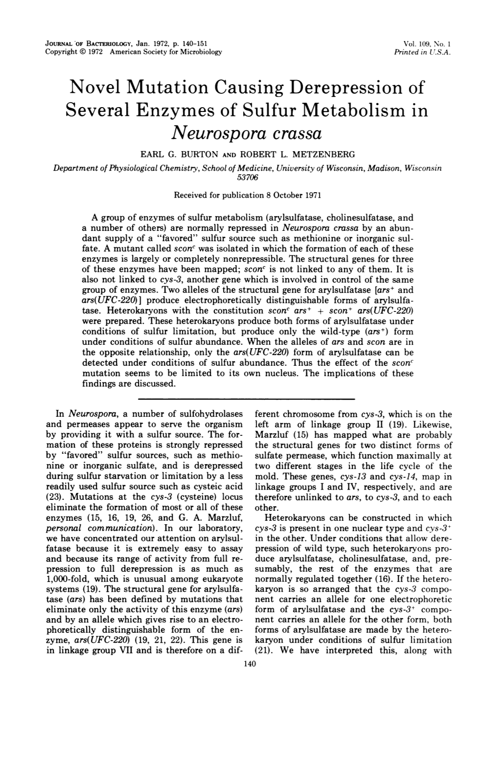 Novel Mutation Causing Derepressionof Several Enzymes Of