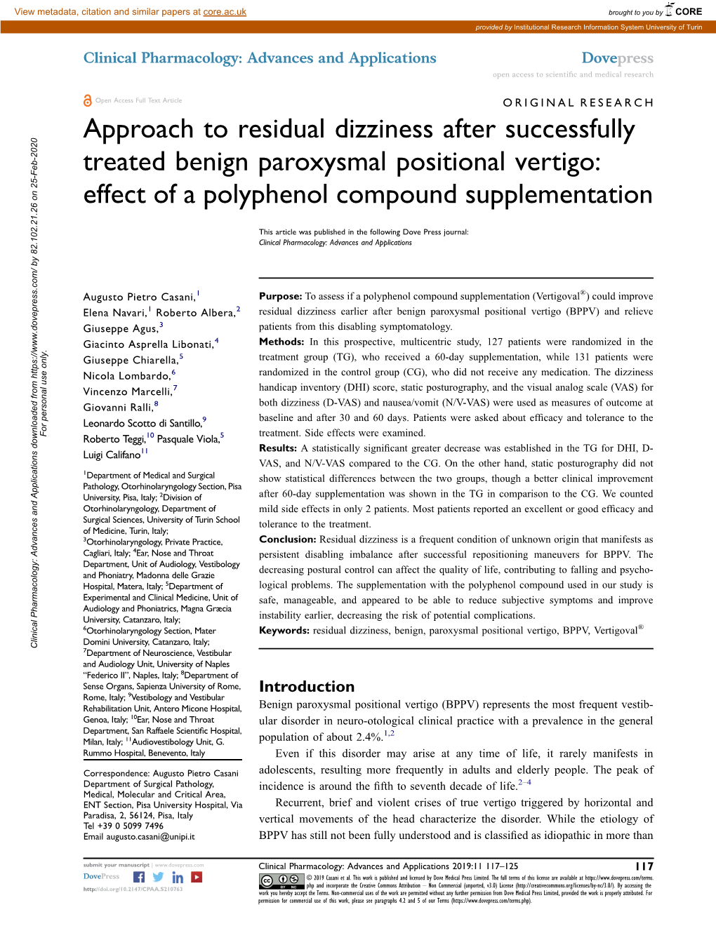 Approach to Residual Dizziness After Successfully Treated Benign Paroxysmal Positional Vertigo: Effect of a Polyphenol Compound Supplementation