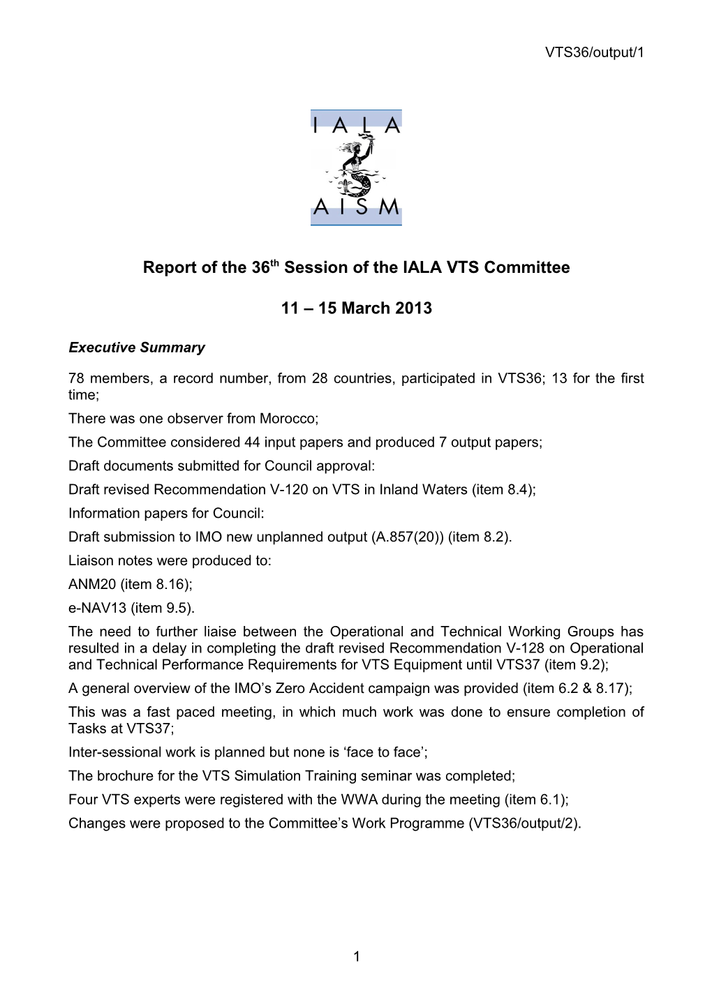 Report of the 36Th Session of the IALA VTS Committee