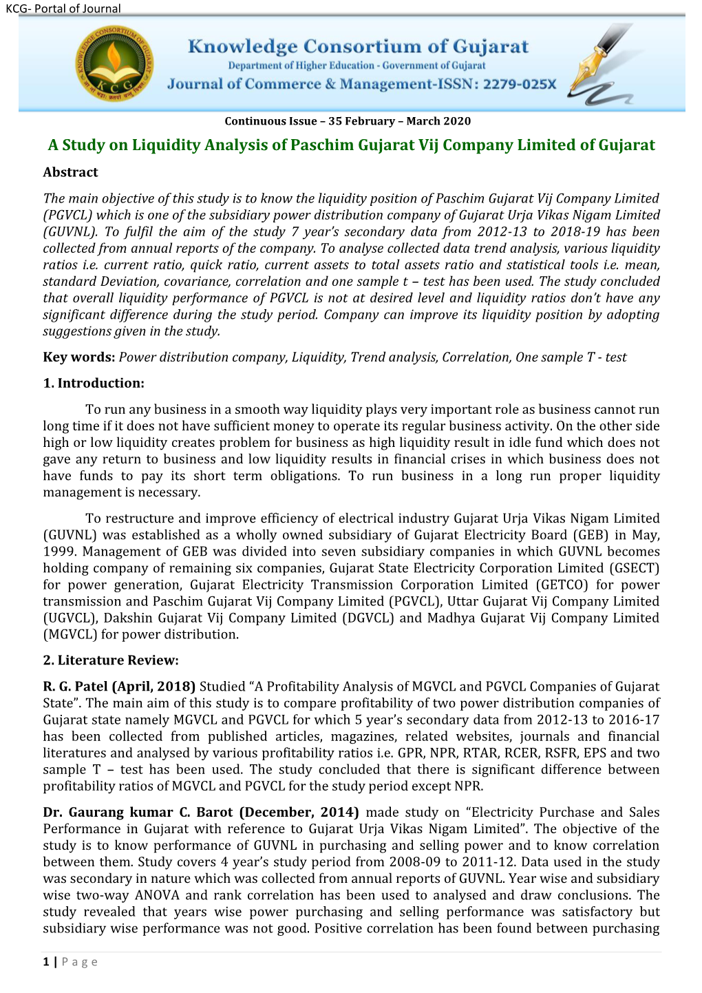 A Study on Liquidity Analysis of Paschim Gujarat Vij Company Limited of Gujarat