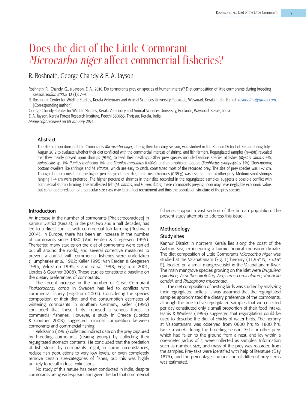 Does the Diet of the Little Cormorant Microcarbo Niger Affect Commercial Fisheries? R