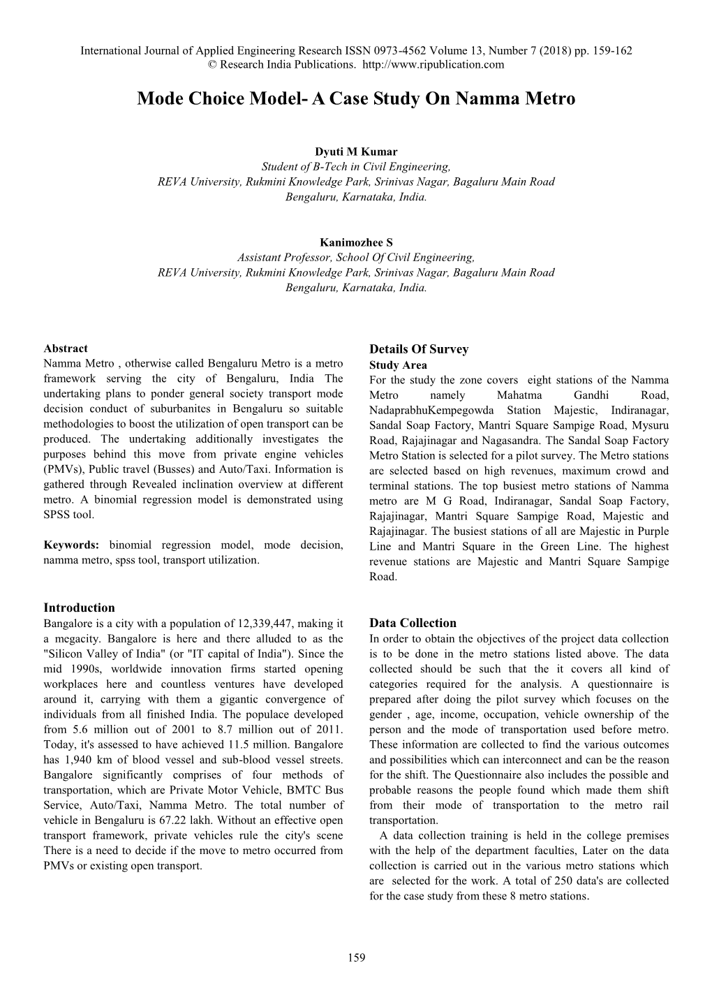 Mode Choice Model- a Case Study on Namma Metro