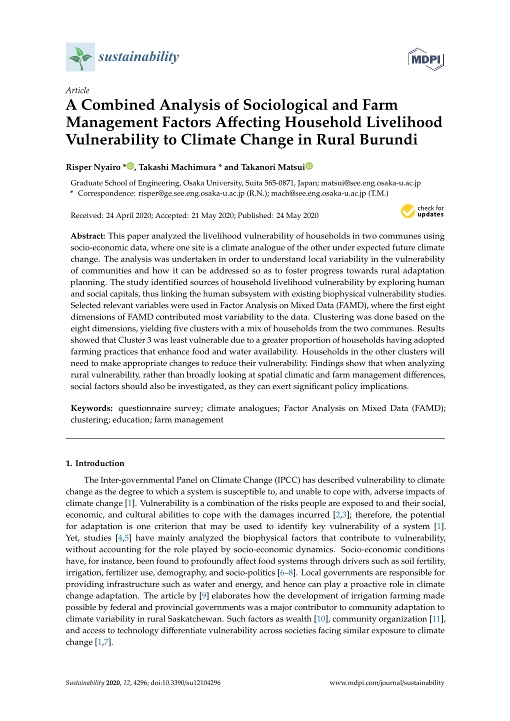 A Combined Analysis of Sociological and Farm Management Factors Aﬀecting Household Livelihood Vulnerability to Climate Change in Rural Burundi