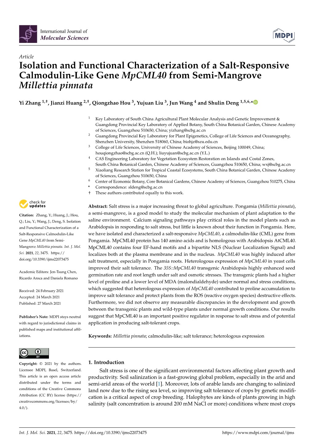 Isolation and Functional Characterization of a Salt-Responsive Calmodulin-Like Gene Mpcml40 from Semi-Mangrove Millettia Pinnata