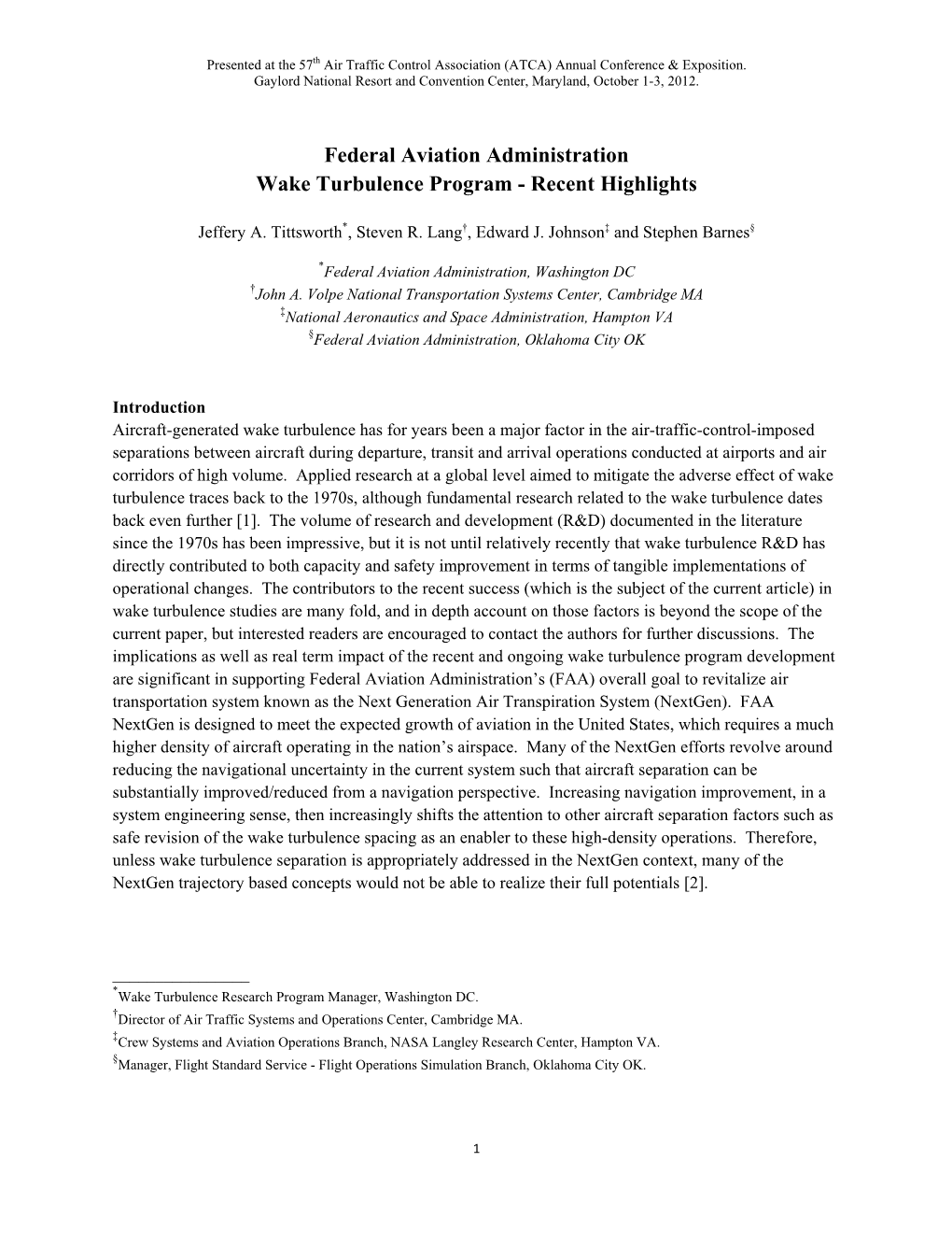 Federal Aviation Administration Wake Turbulence Program - Recent Highlights