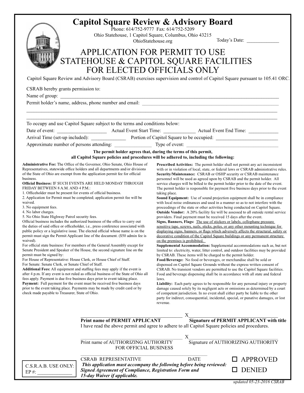 Application for Permit to Use Statehouse & Capitol Square