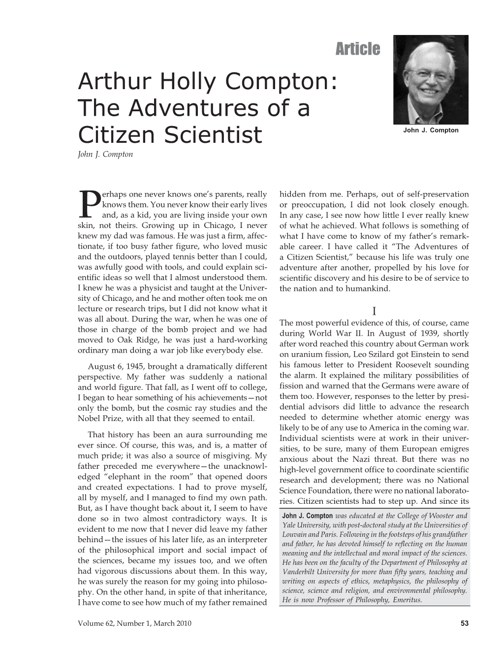 Arthur Holly Compton: the Adventures of a Citizen Scientist John J