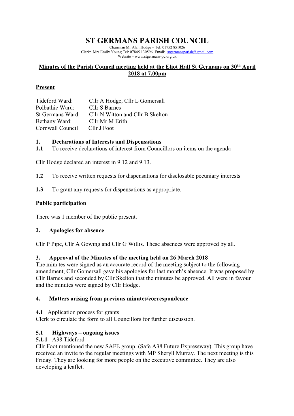 Minutes of the Parish Council Meeting Held at the Eliot Hall St Germans on 30Th April 2018 at 7.00Pm