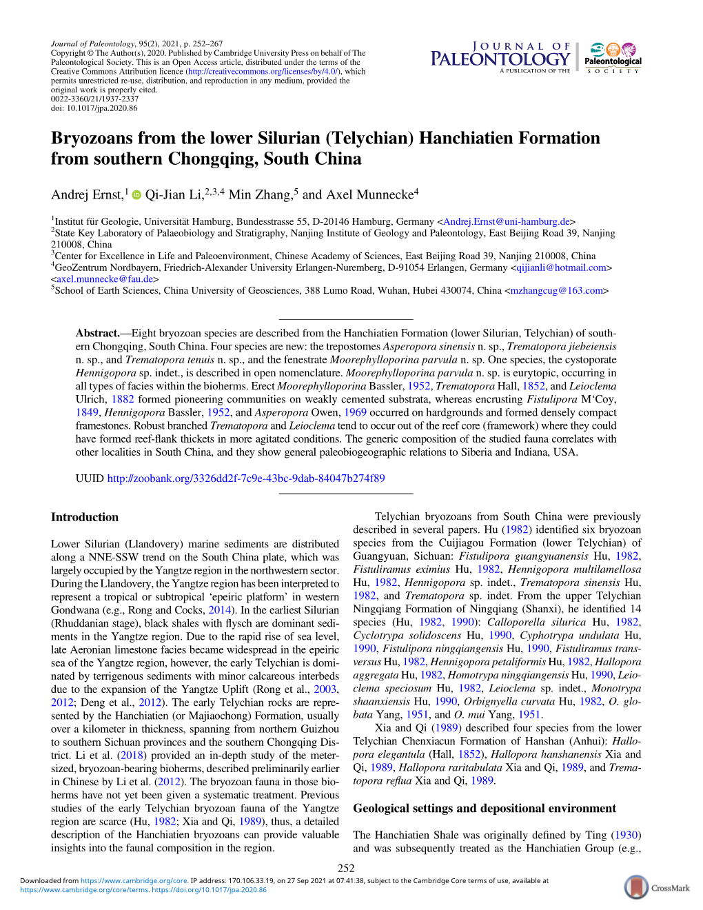 Bryozoans from the Lower Silurian (Telychian) Hanchiatien Formation from Southern Chongqing, South China