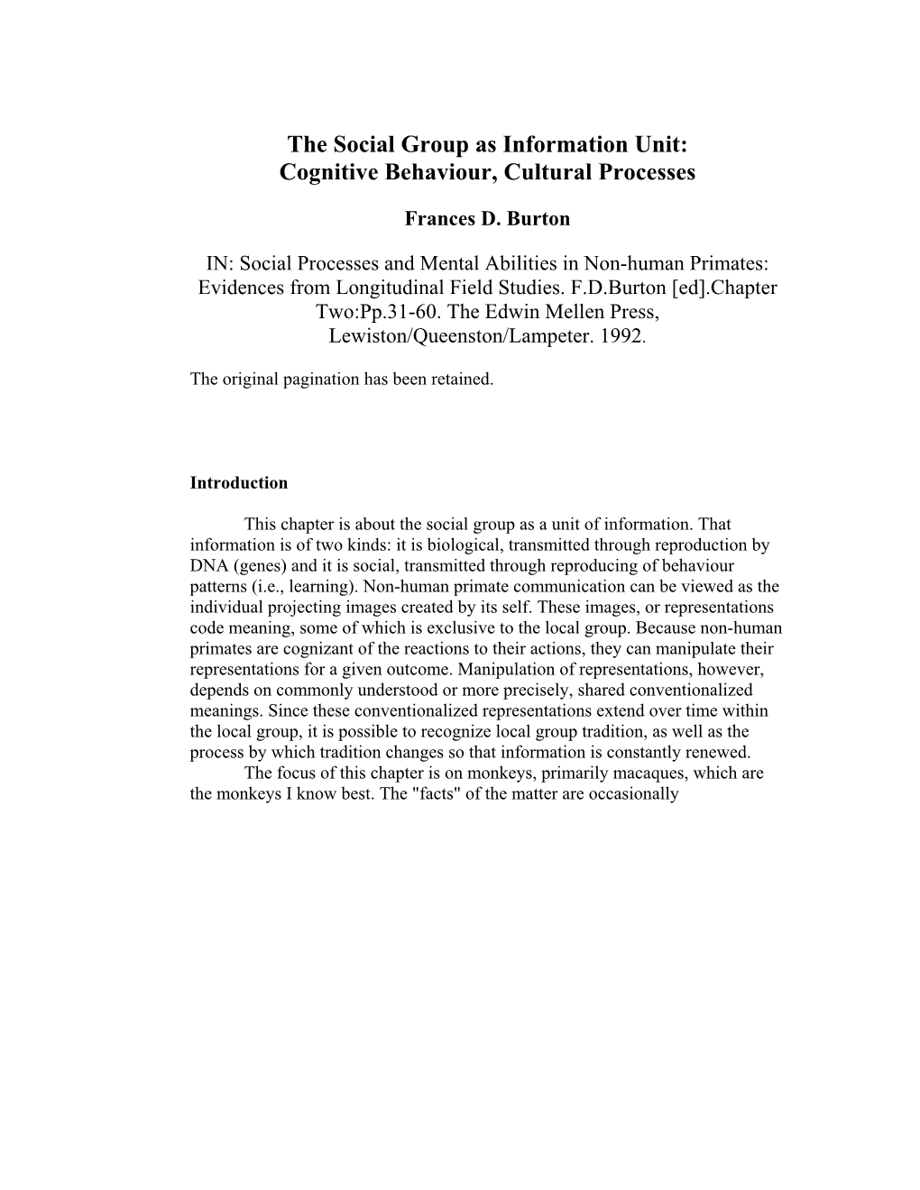 The Social Group As Information Unit: Cognitive Behaviour, Cultural Processes