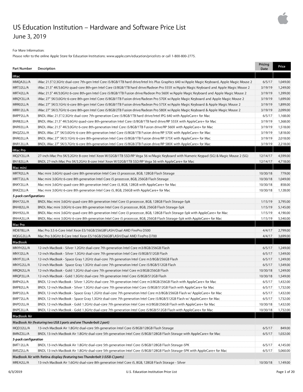 Apple US Education Institution Price List