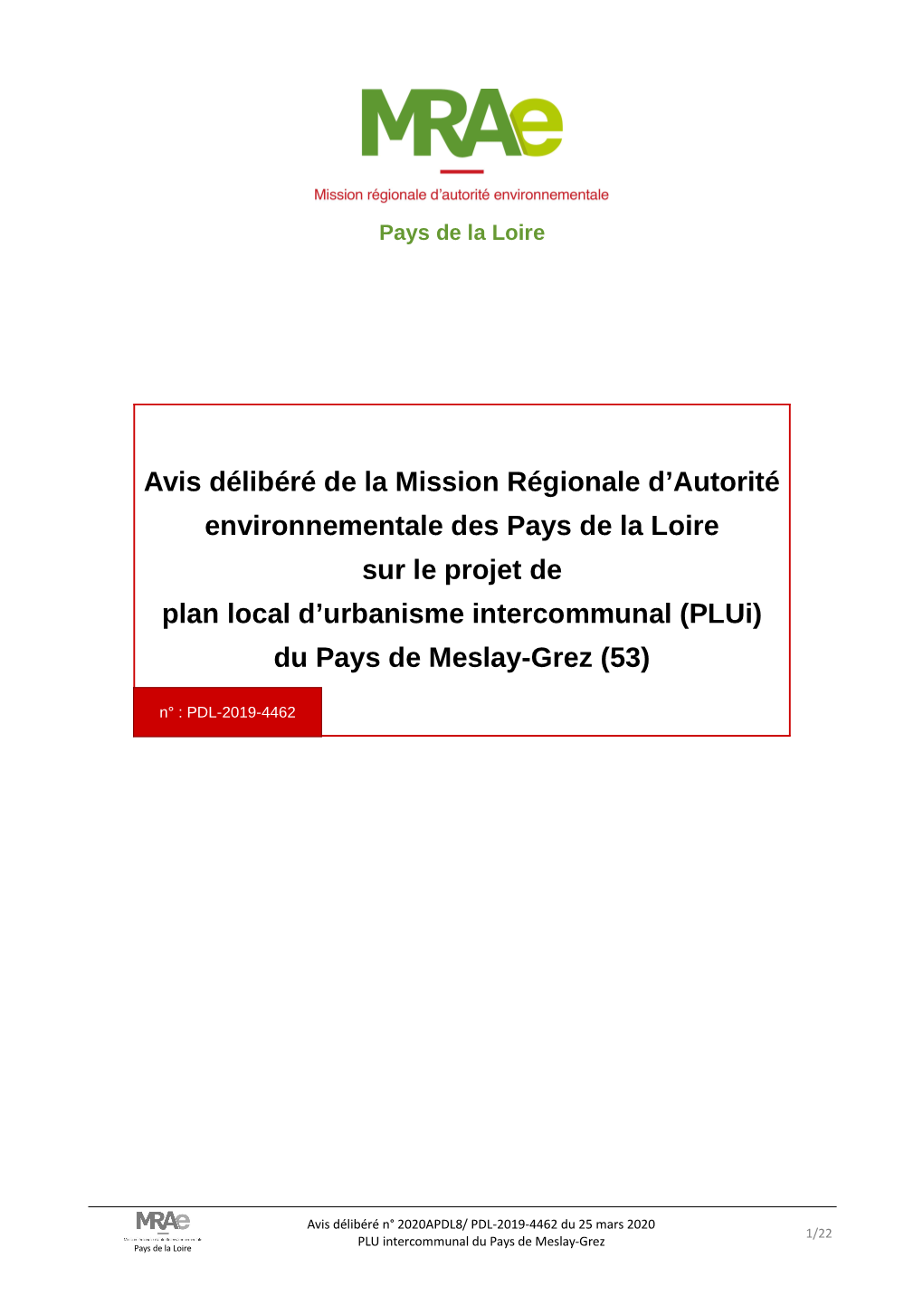 Avis Délibéré De La Mission Régionale D'autorité Environnementale Des Pays De La Loire Sur Le Projet De Plan Local D'ur