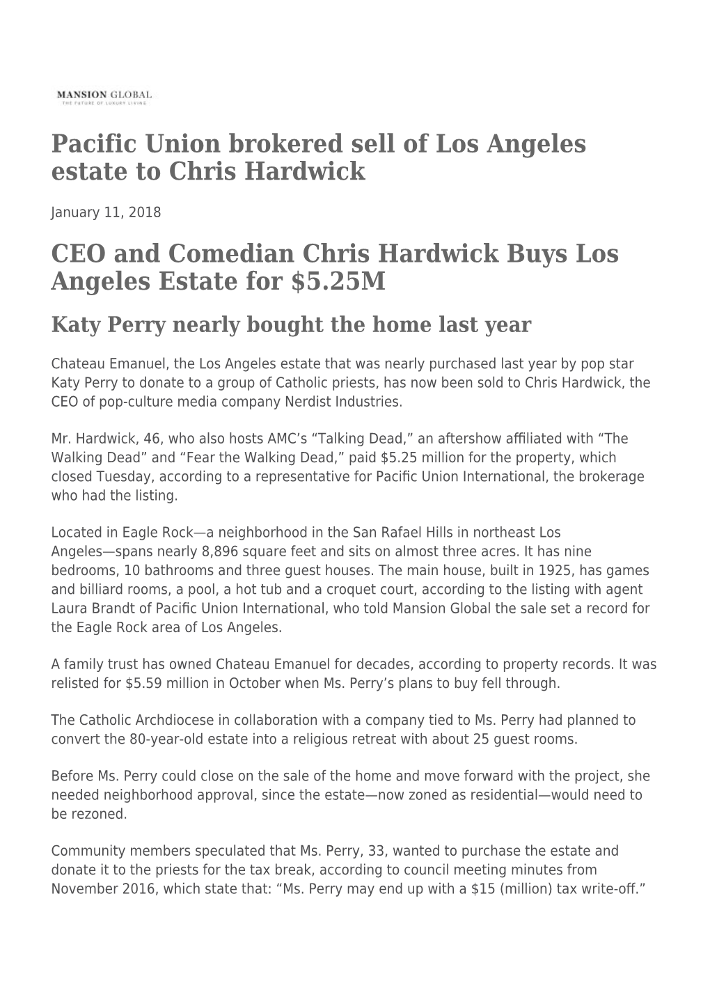 Pacific Union Brokered Sell of Los Angeles Estate to Chris Hardwick