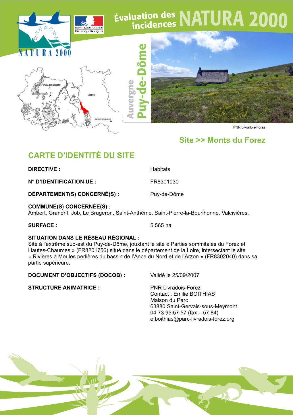 Site &gt;&gt; Monts Du Forez CARTE D'identité DU SITE