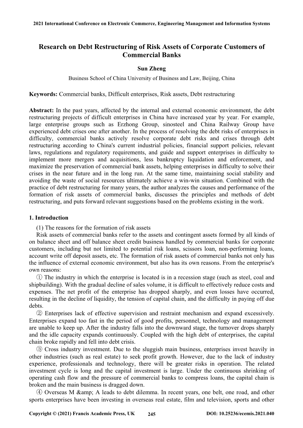 Research on Debt Restructuring of Risk Assets of Corporate Customers of Commercial Banks