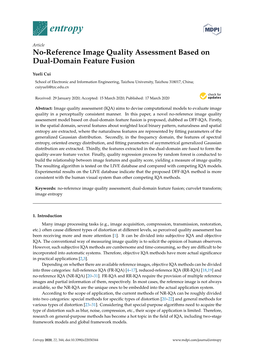 No-Reference Image Quality Assessment Based on Dual-Domain Feature Fusion