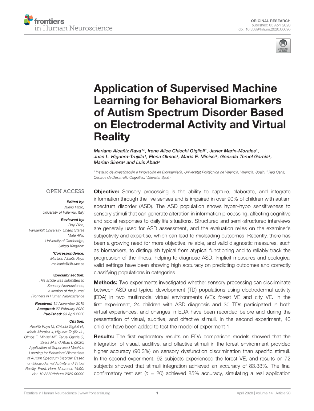 Application of Supervised Machine Learning for Behavioral Biomarkers of Autism Spectrum Disorder Based on Electrodermal Activity and Virtual Reality