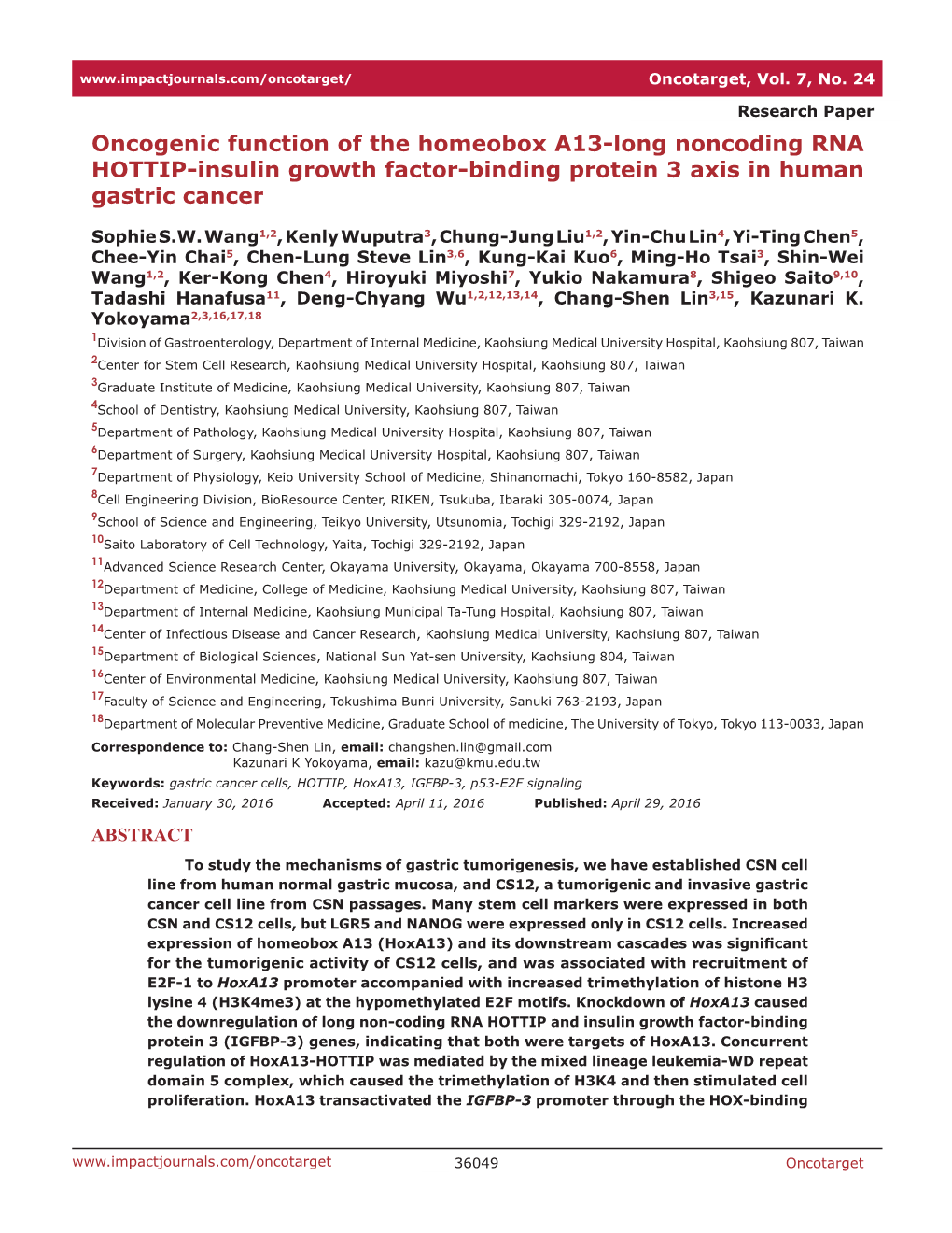 Oncogenic Function of the Homeobox A13-Long Noncoding RNA HOTTIP-Insulin Growth Factor-Binding Protein 3 Axis in Human Gastric Cancer