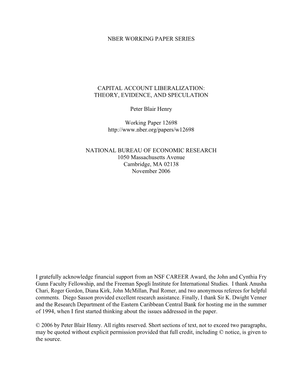 Nber Working Paper Series Capital Account