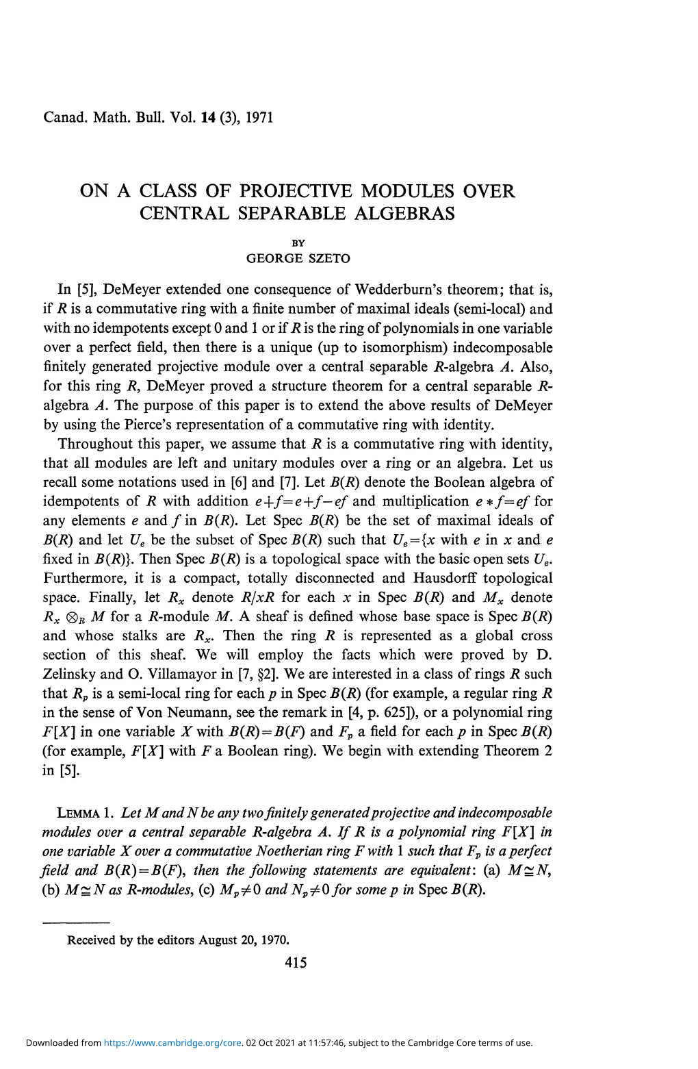 On a Class of Projective Modules Over Central Separable Algebras