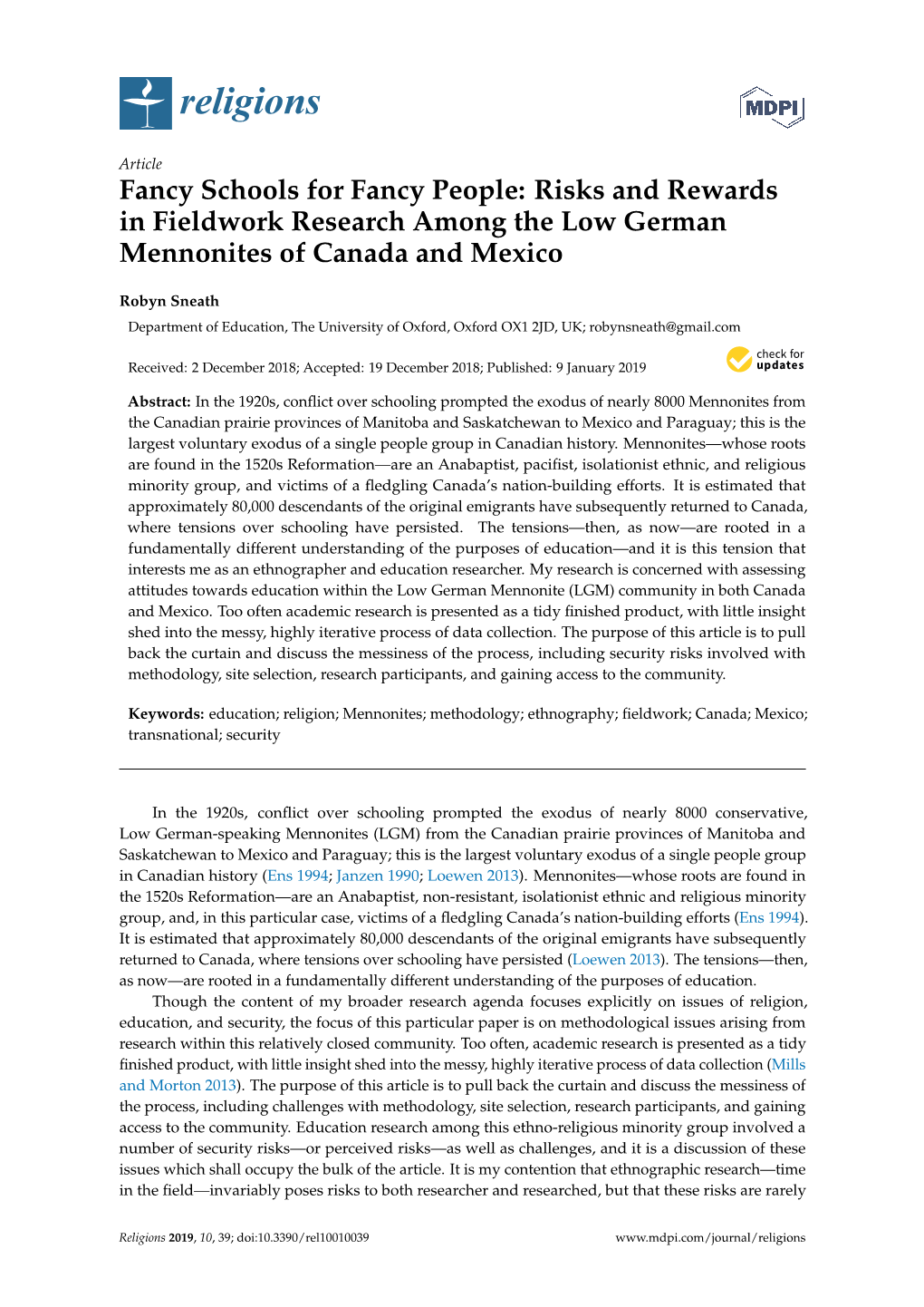 Fancy Schools for Fancy People: Risks and Rewards in Fieldwork Research Among the Low German Mennonites of Canada and Mexico