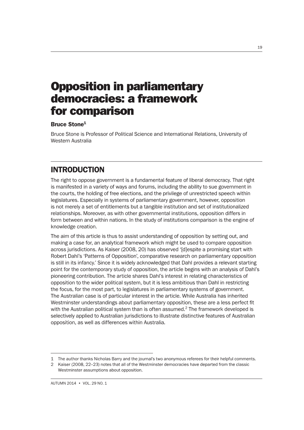 Opposition in Parliamentary Democracies: a Framework