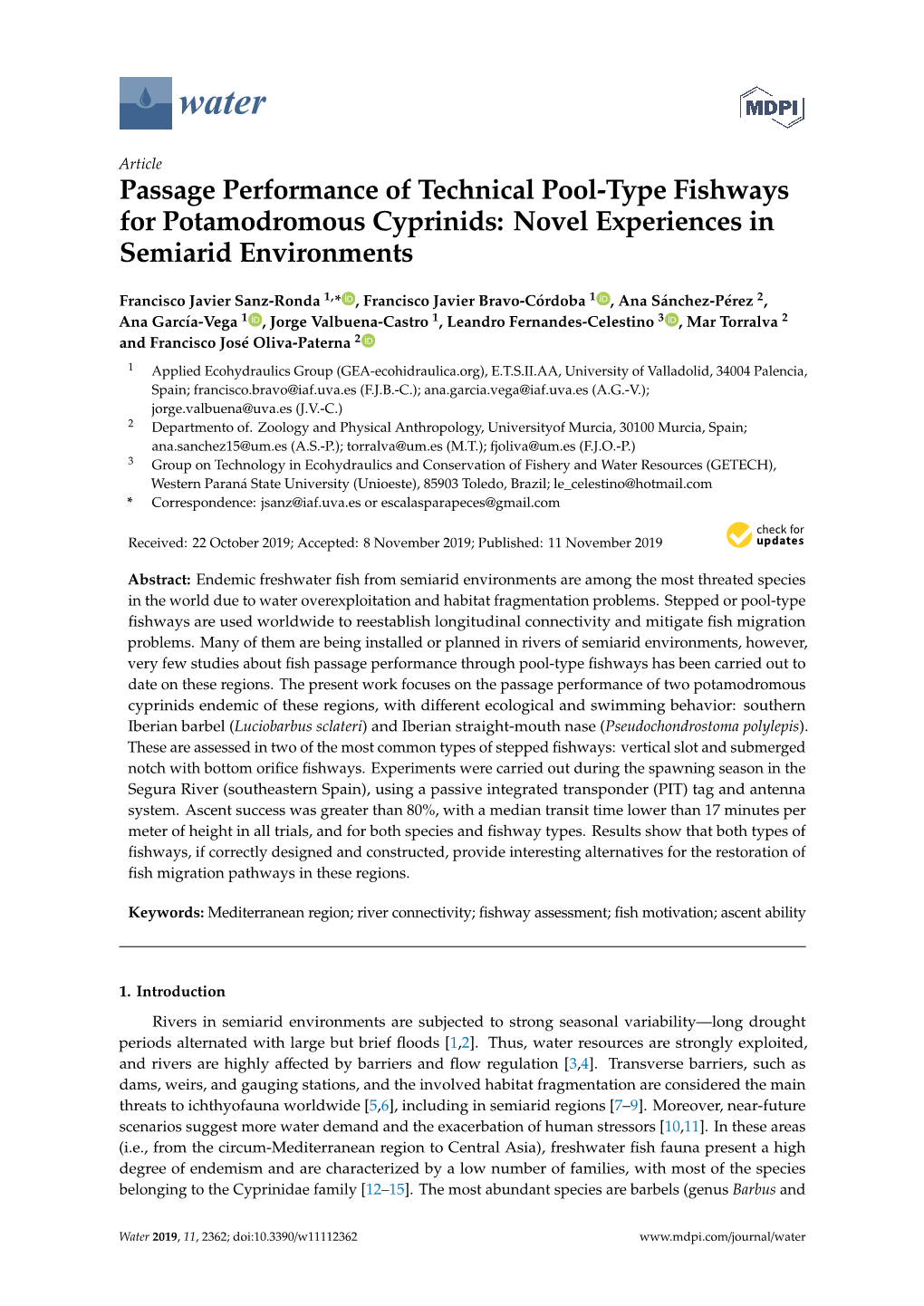 Passage Performance of Technical Pool-Type Fishways for Potamodromous Cyprinids: Novel Experiences in Semiarid Environments