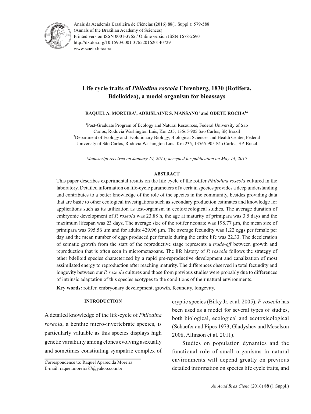 Life Cycle Traits of Philodina Roseola Ehrenberg, 1830 (Rotifera, Bdelloidea), a Model Organism for Bioassays