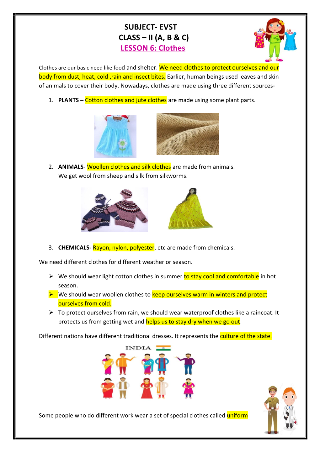 SUBJECT- EVST CLASS – II (A, B & C) LESSON 6: Clothes