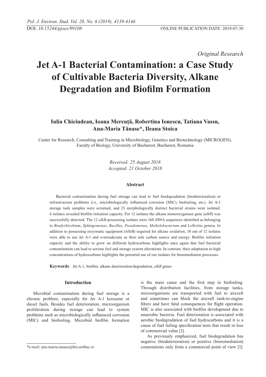 Jet A-1 Bacterial Contamination: a Case Study of Cultivable Bacteria Diversity, Alkane Degradation and Biofilm Formation