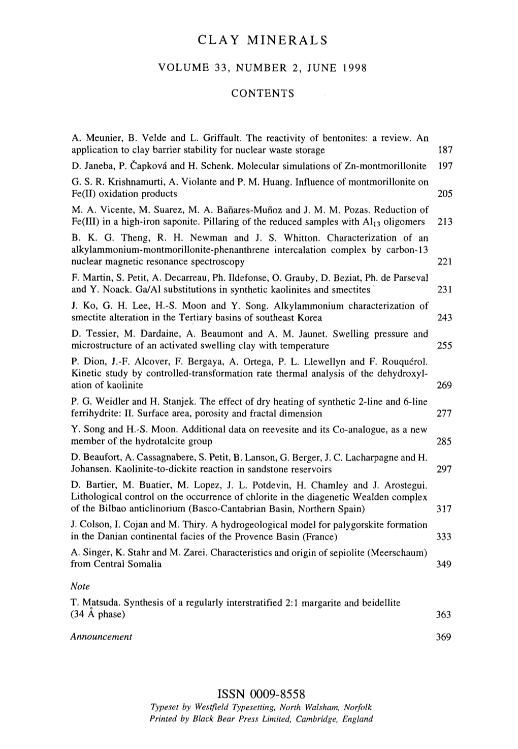 Clay Minerals Issn 0009-8558