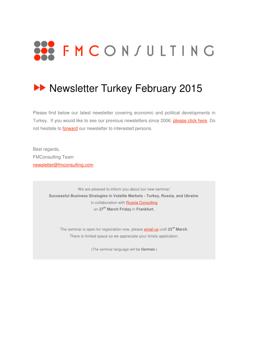 Newsletter Turkey Newsletter Turkey February 2015 Uary 2015
