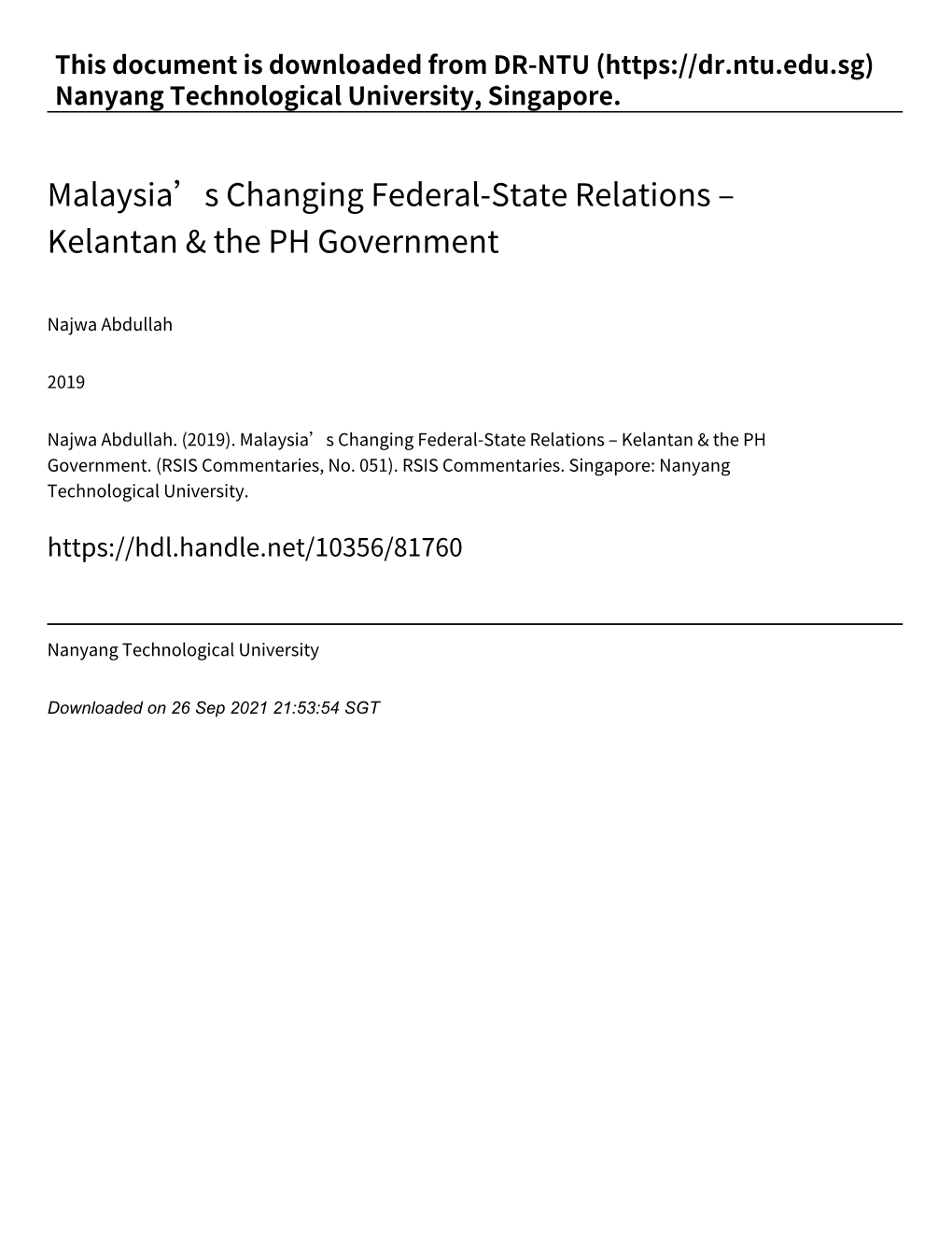 Malaysia's Changing Federal‑State Relations – Kelantan & the PH Government