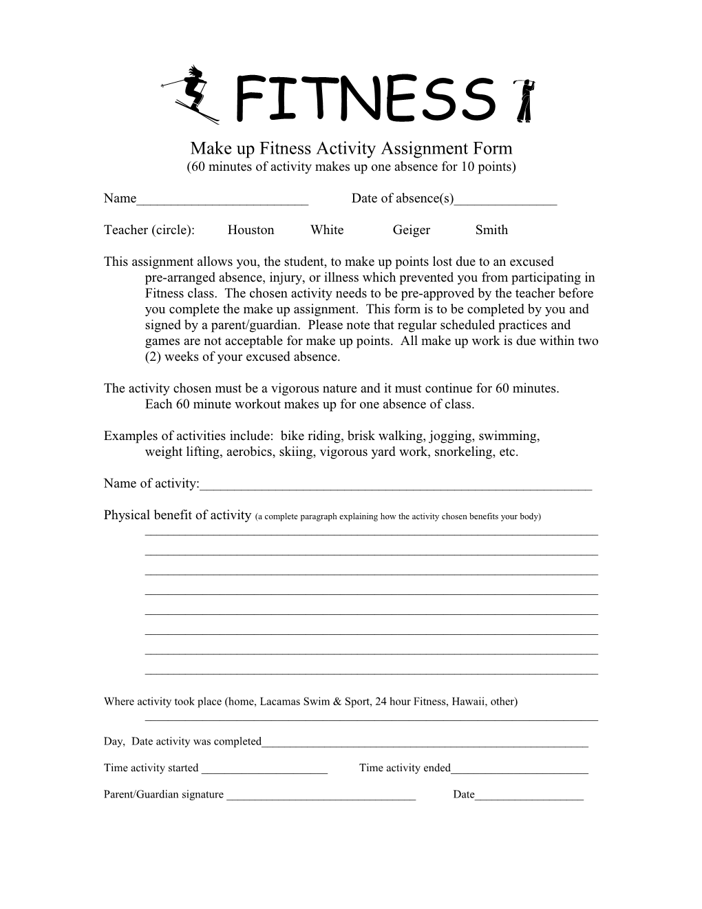 Make up Fitness Activity Assignment Form