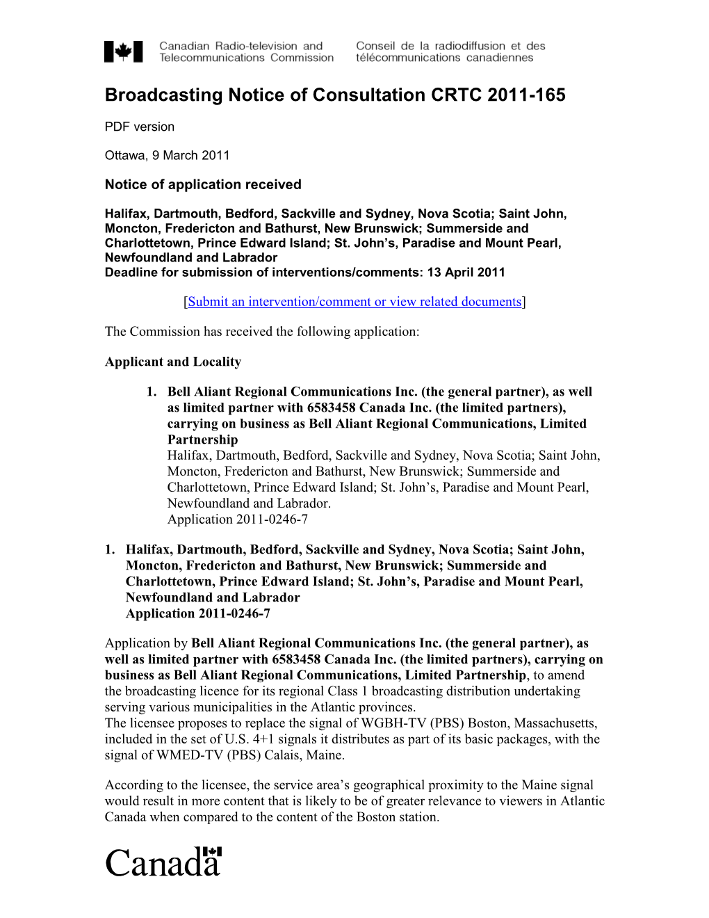 Broadcasting Notice of Consultation CRTC 2011-165