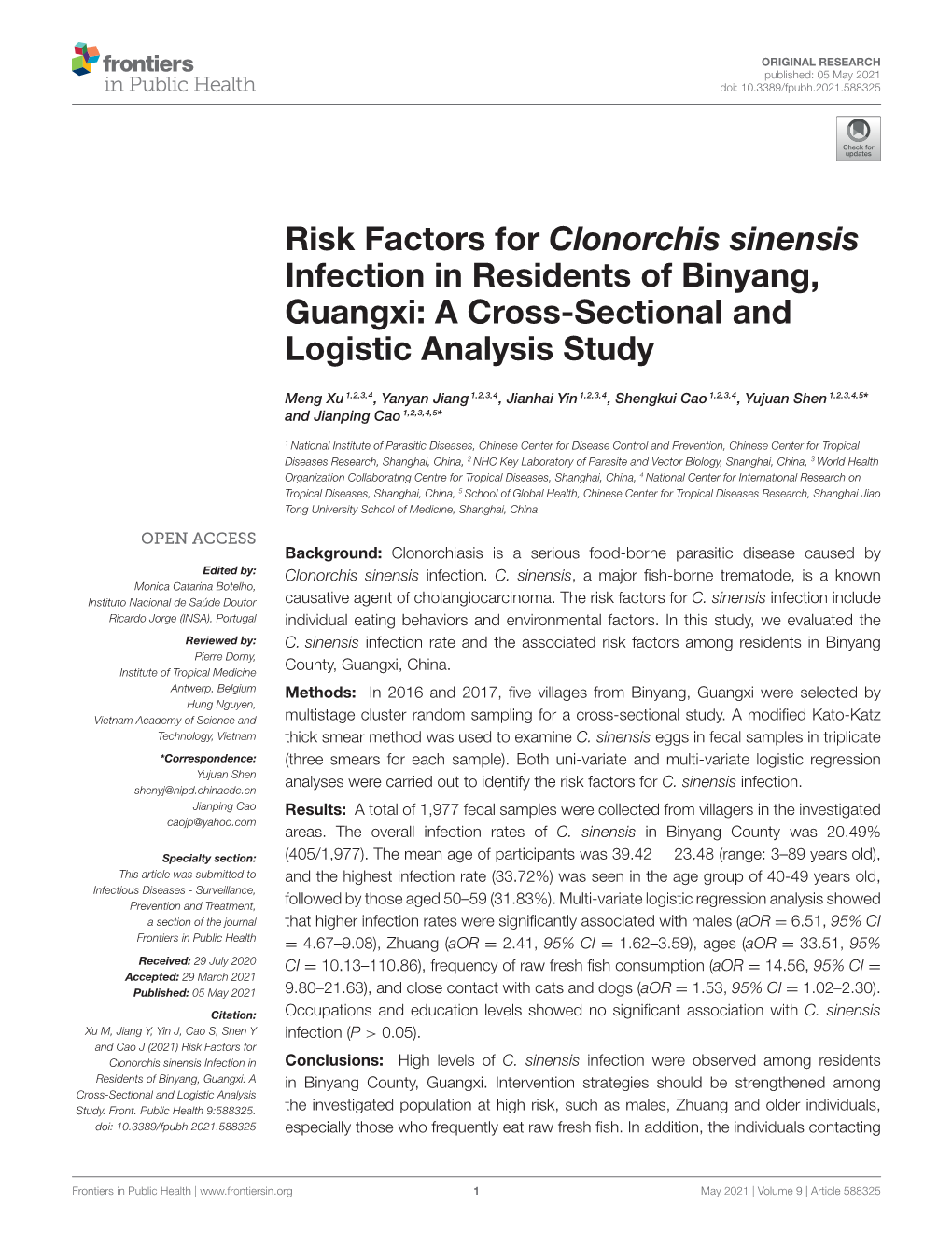 Risk Factors for Clonorchis Sinensis Infection in Residents of Binyang, Guangxi: a Cross-Sectional and Logistic Analysis Study