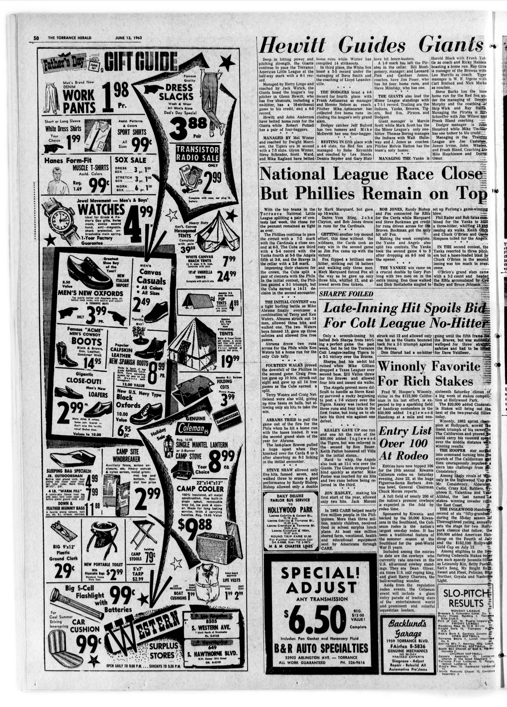 TORRANCE HERALD JUNE 13, 1963 He Wit/ Gui(Des Gianti « Deep in Hitting Power and 1 Mine Runs While Winter Has Li Ive Hit Fence-Busters