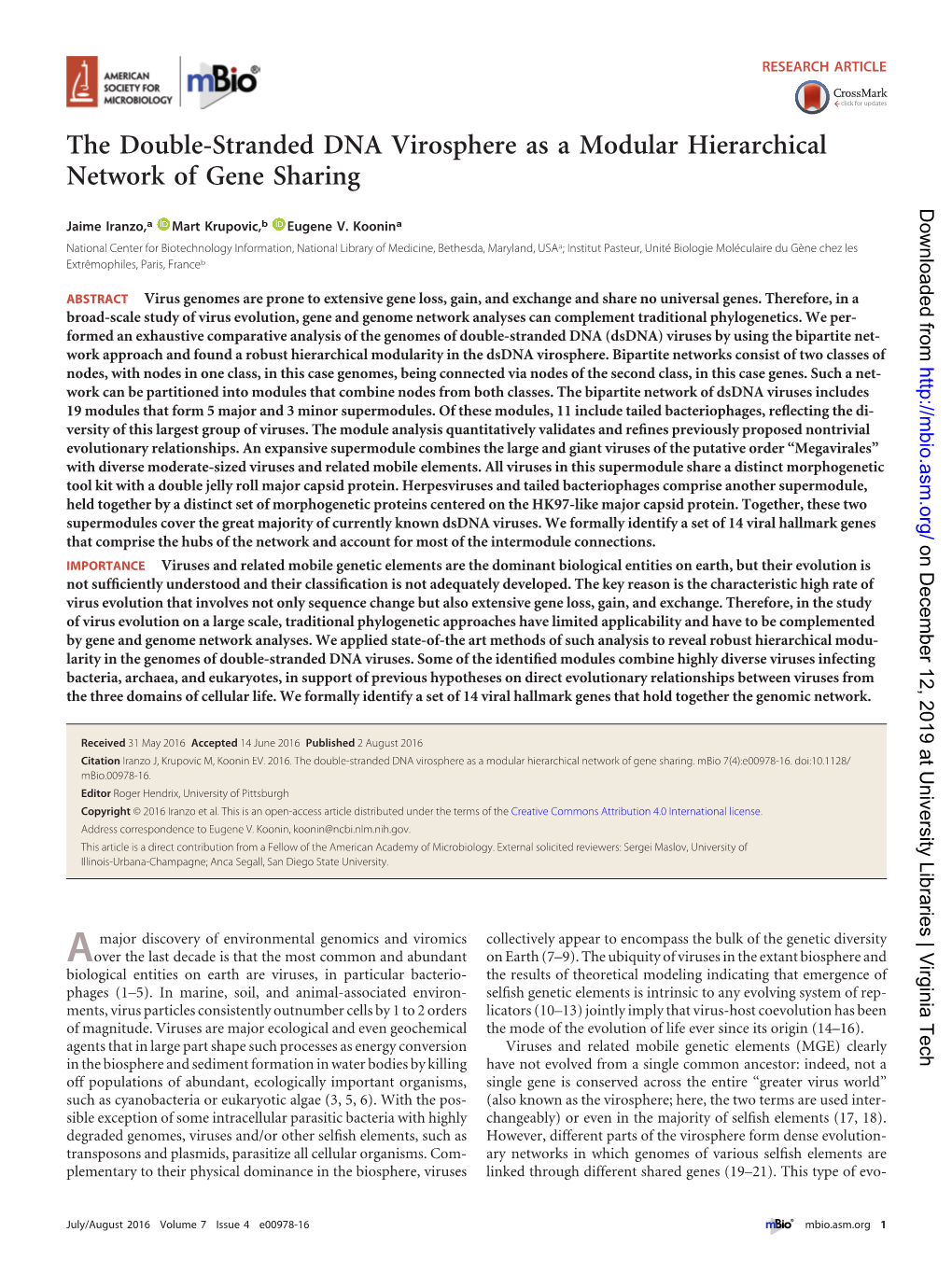 The Double-Stranded DNA Virosphere As a Modular Hierarchical Network of Gene Sharing Downloaded from Jaime Iranzo,A Mart Krupovic,B Eugene V