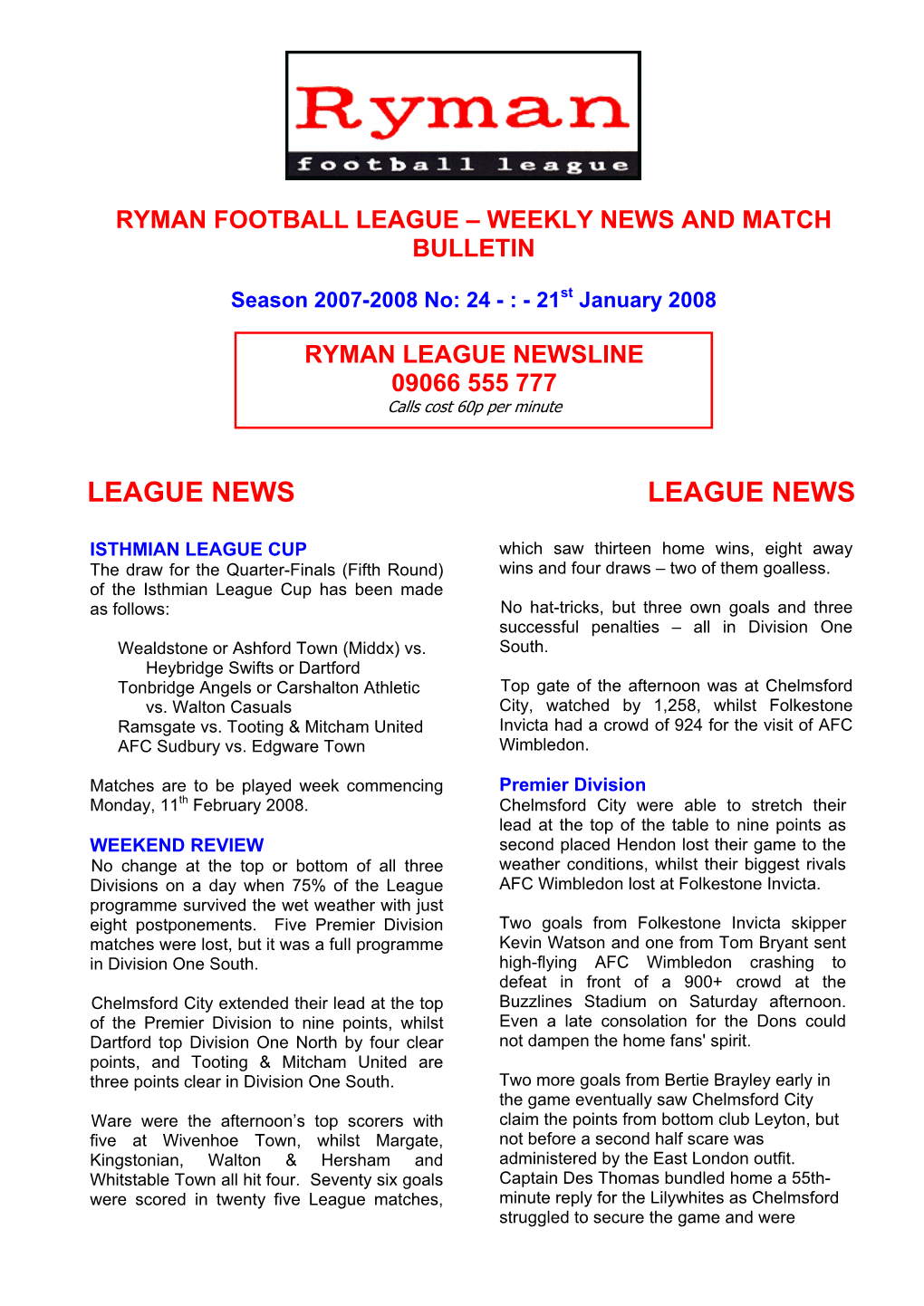 Ryman Football League – Weekly News and Match Bulletin