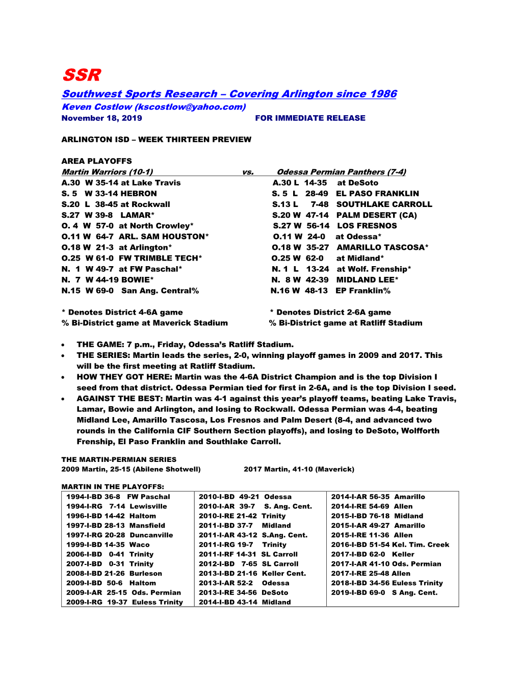 Southwest Sports Research – Covering Arlington Since 1986 Keven Costlow (Kscostlow@Yahoo.Com) November 18, 2019 for IMMEDIATE RELEASE