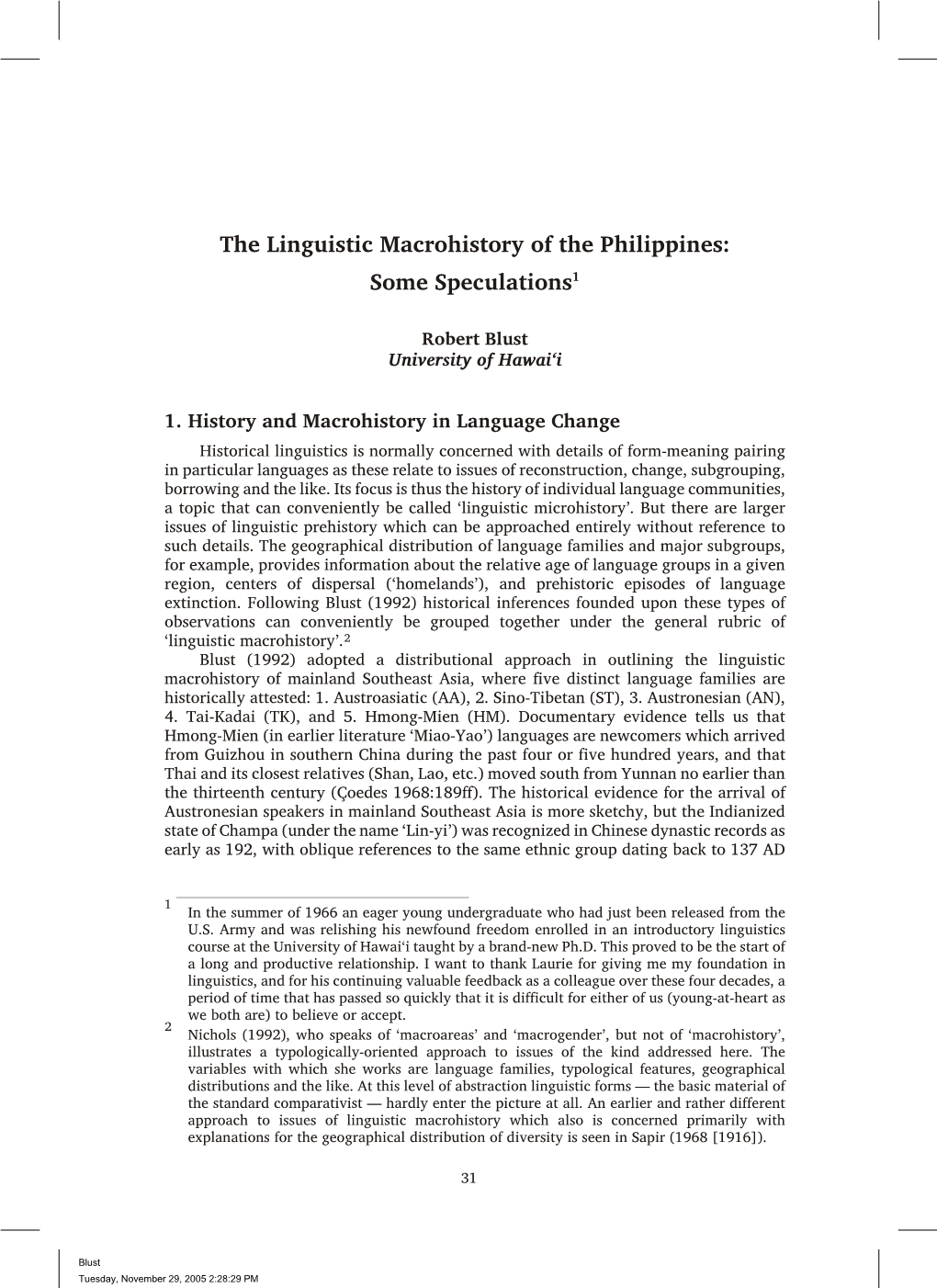 The Linguistic Macrohistory of the Philippines: Some Speculations1
