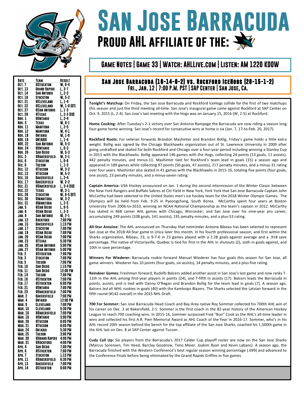 Game Notes | Game 33 | Watch: Ahllive.Com | Listen: AM 1220 KDOW