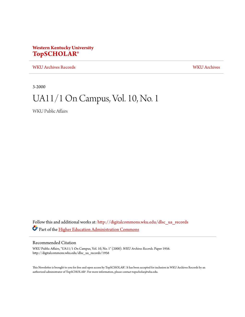 UA11/1 on Campus, Vol. 10, No. 1 WKU Public Affairs