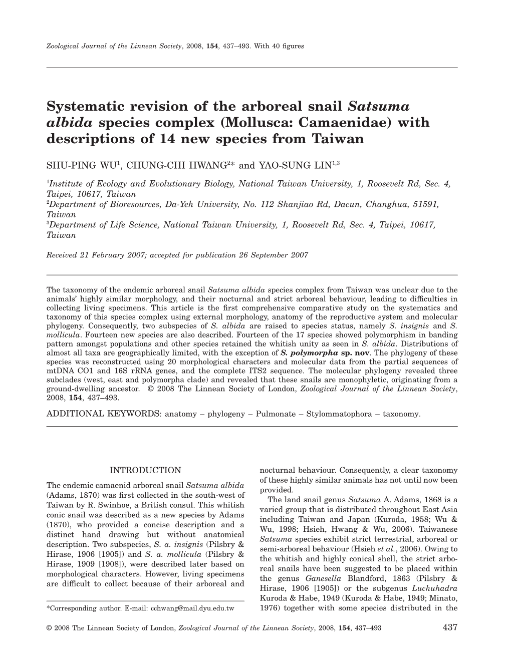 Systematic Revision of the Arboreal Snail Satsuma Albida Species Complex (Mollusca: Camaenidae) with Descriptions of 14 New Species from Taiwan