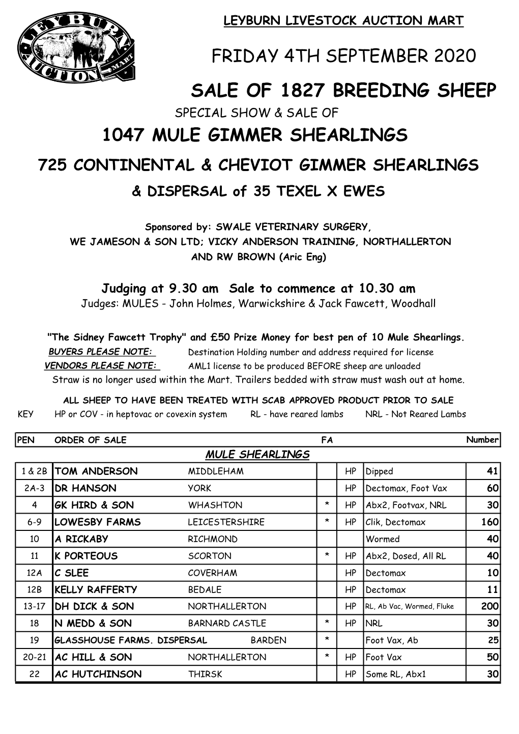 SALE of 1827 BREEDING SHEEP SPECIAL SHOW & SALE of 1047 MULE GIMMER SHEARLINGS 725 CONTINENTAL & CHEVIOT GIMMER SHEARLINGS & DISPERSAL of 35 TEXEL X EWES