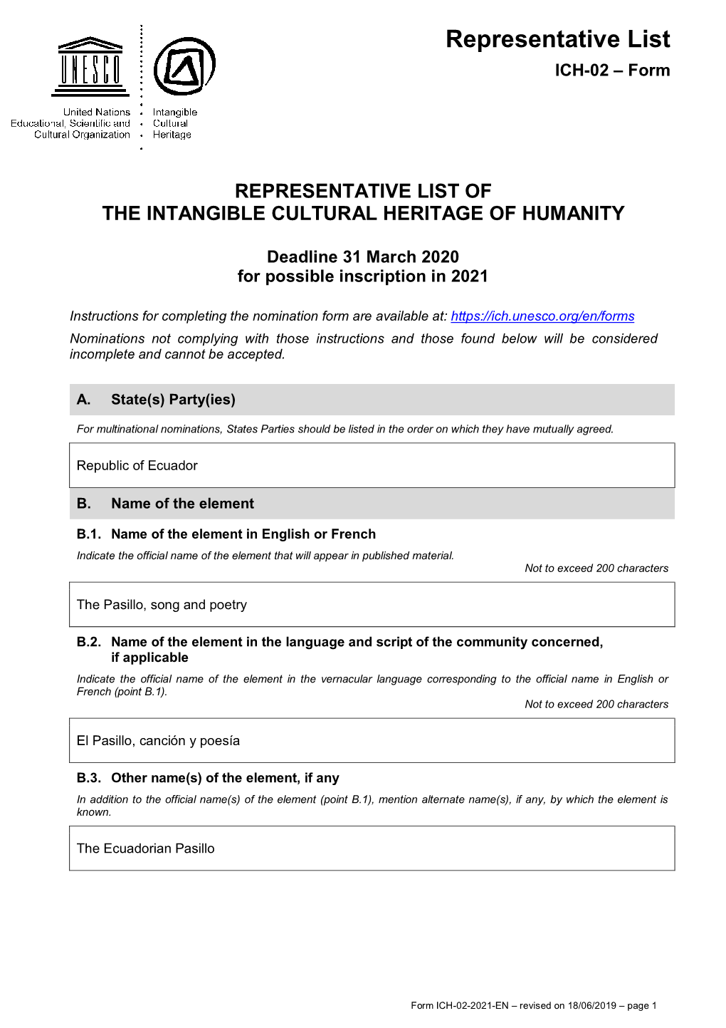 Representative List ICH-02 – Form