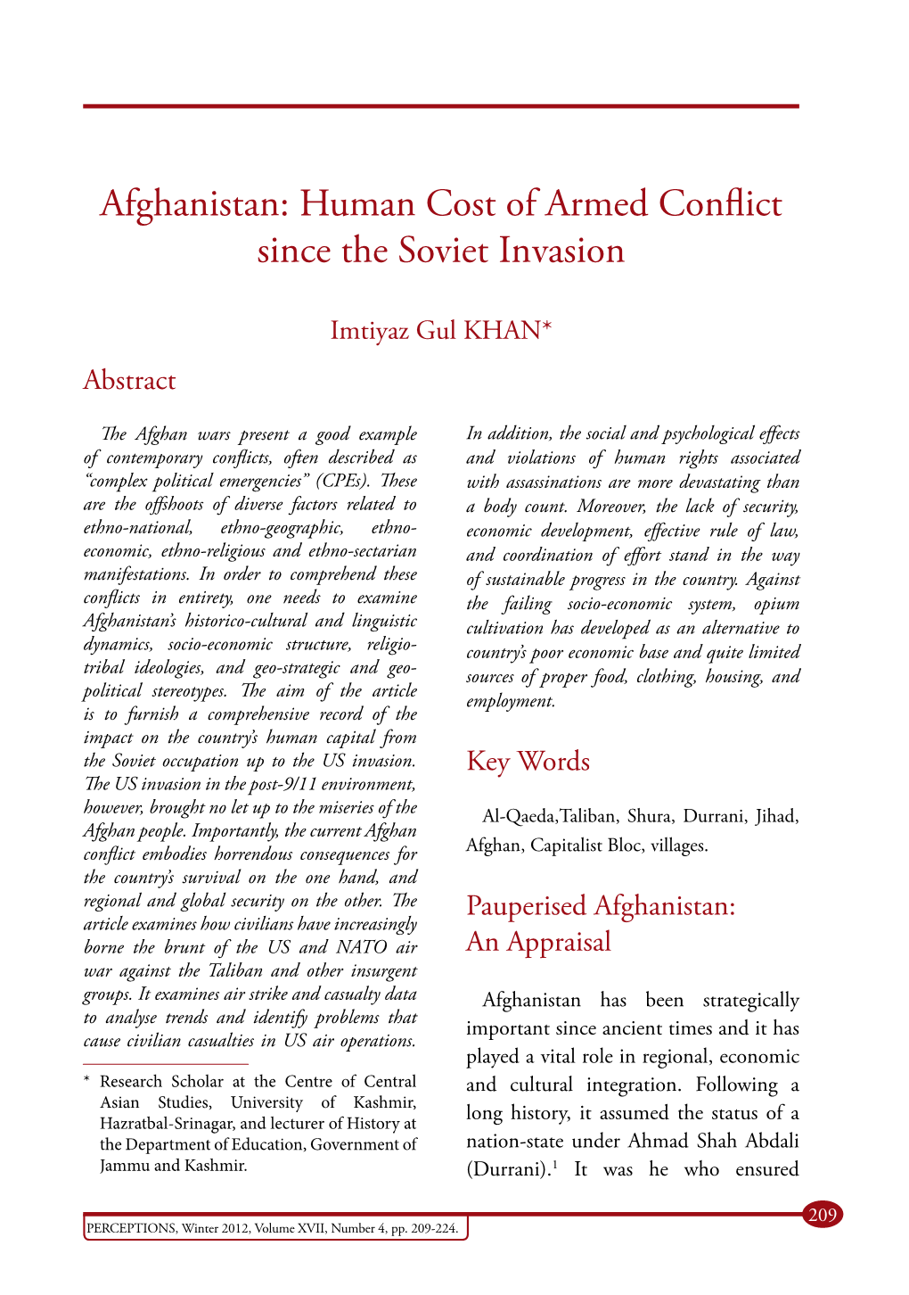 Afghanistan: Human Cost of Armed Conflict Since the Soviet Invasion