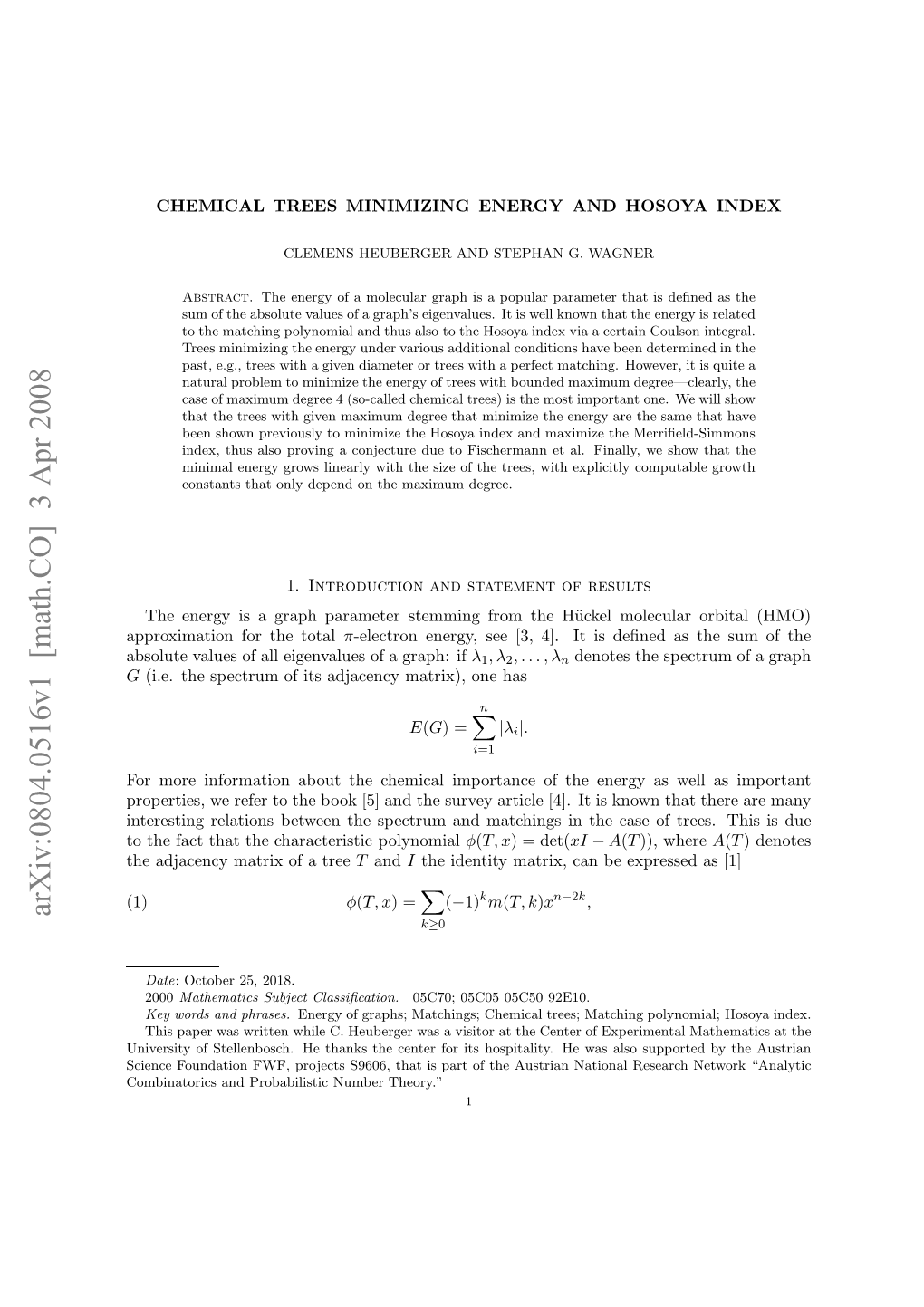 Arxiv:0804.0516V1 [Math.CO] 3 Apr 2008