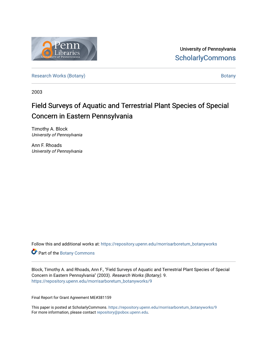 Field Surveys of Aquatic and Terrestrial Plant Species of Special Concern in Eastern Pennsylvania