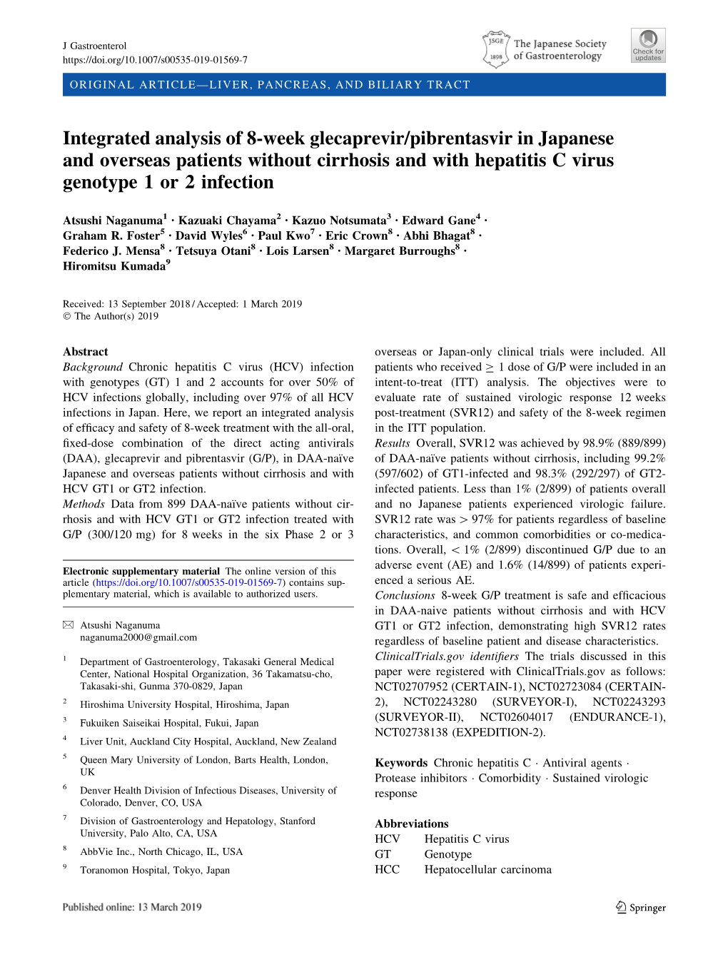 Integrated Analysis of 8-Week Glecaprevir/Pibrentasvir in Japanese and Overseas Patients Without Cirrhosis and with Hepatitis C Virus Genotype 1 Or 2 Infection